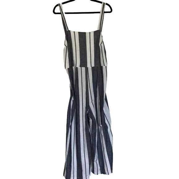 Peppermint Pants - Peppermint Striped Wide Cropped Leg Open Back Linen Blend Jumpsuit White Sz L